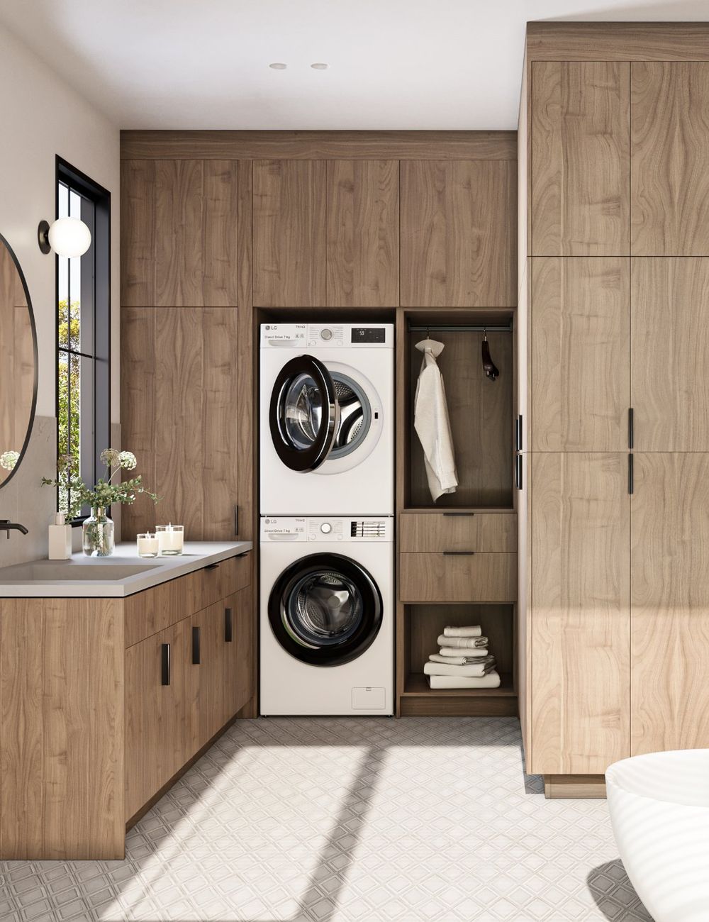 Bath and laundry suite with walnut cabinetry and a freestanding tub