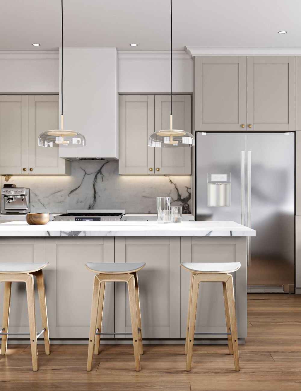Greige shaker kitchen with an island and three wood stools