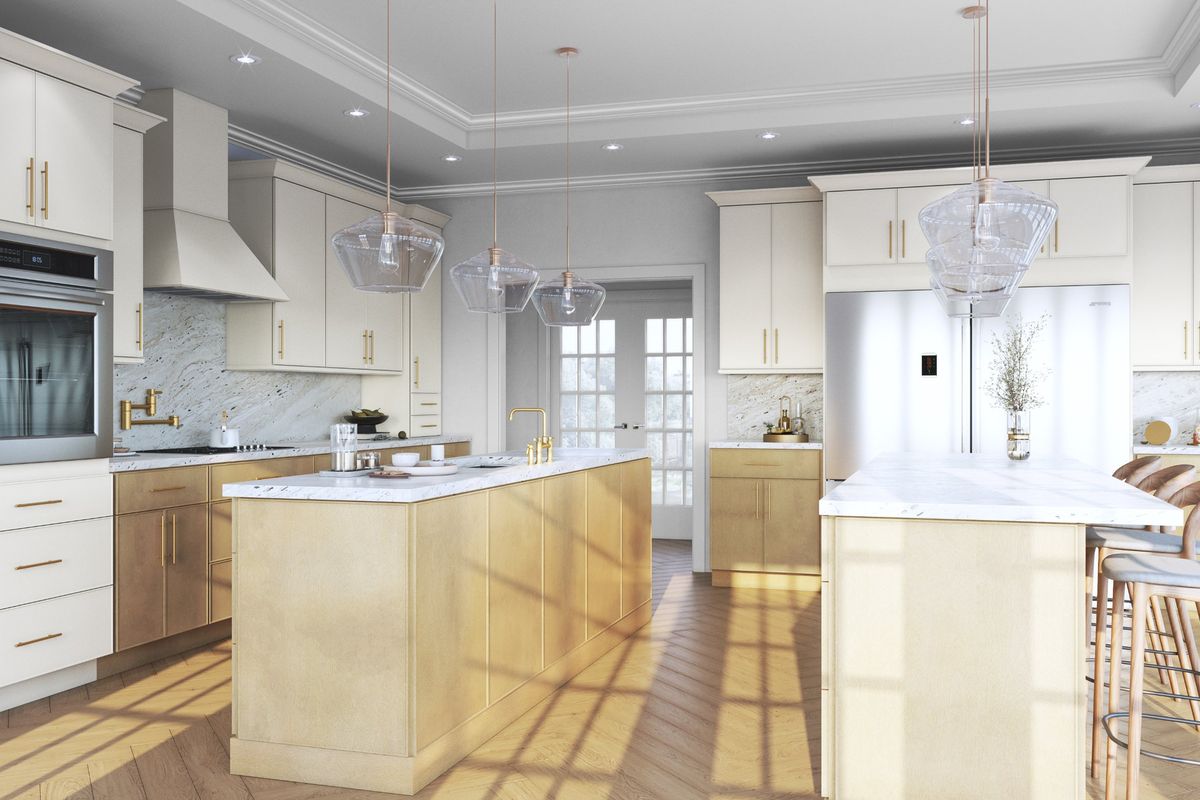 Ivory and natural oak kitchen with two islands and glass pendants