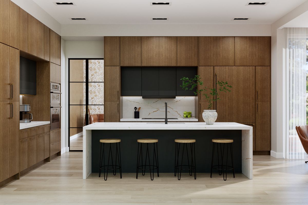 Walnut kitchen with a black island and white quartz waterfall top