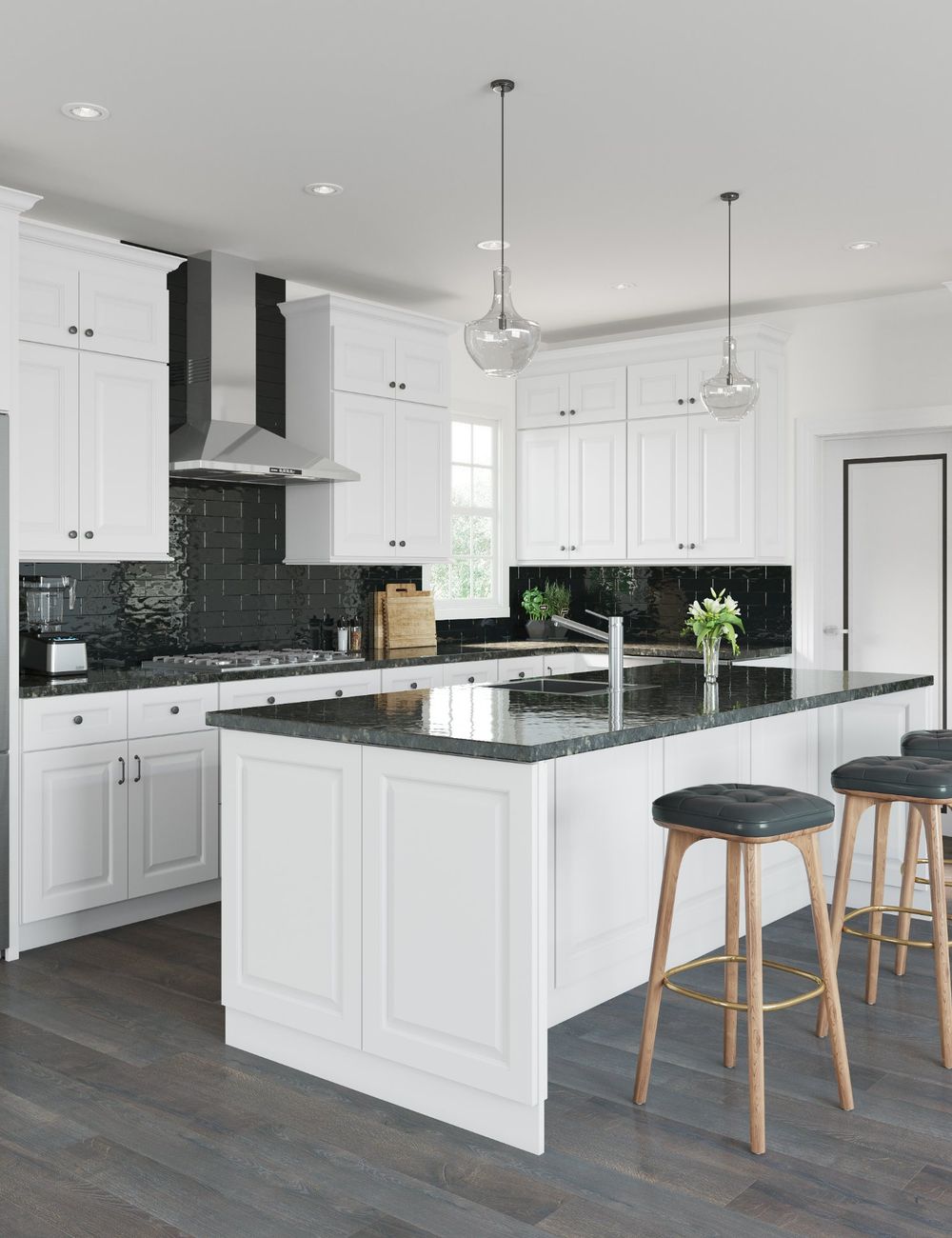 White kitchen over wide-plank grey hardwood flooring